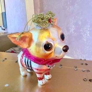 Hand Blown Chihuahua Dog Figurine with Crown and Pink Collar